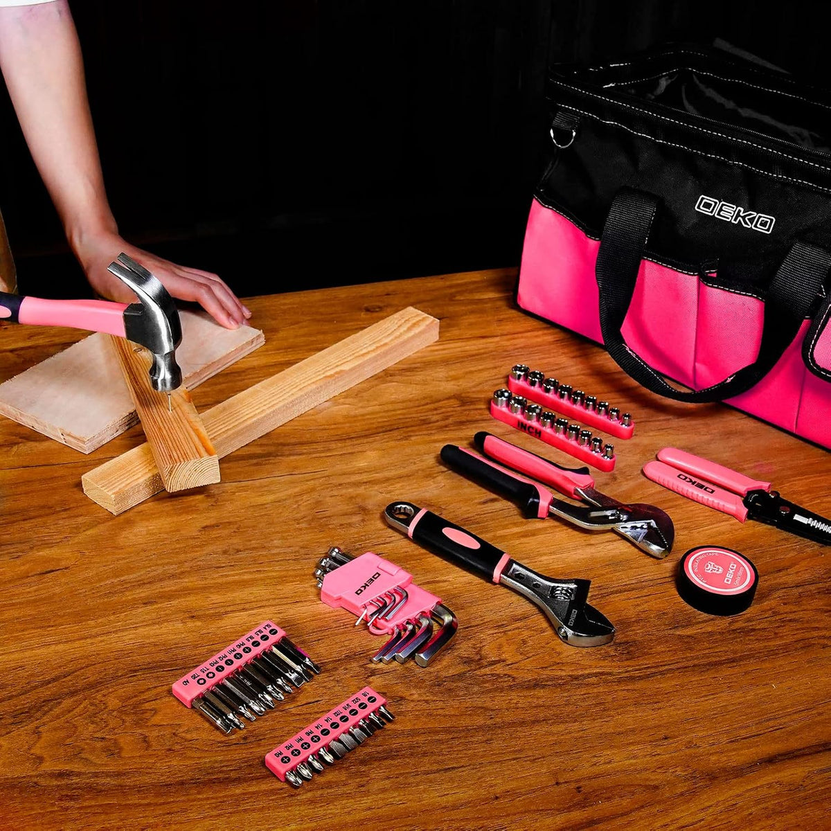 Pink Tool Set for Women Ladies Girls, 226-Piece Household Hand Tool Kit with Wide Mouth Open Storage Tool Bag for DIY, Home and Equipment Maintenance