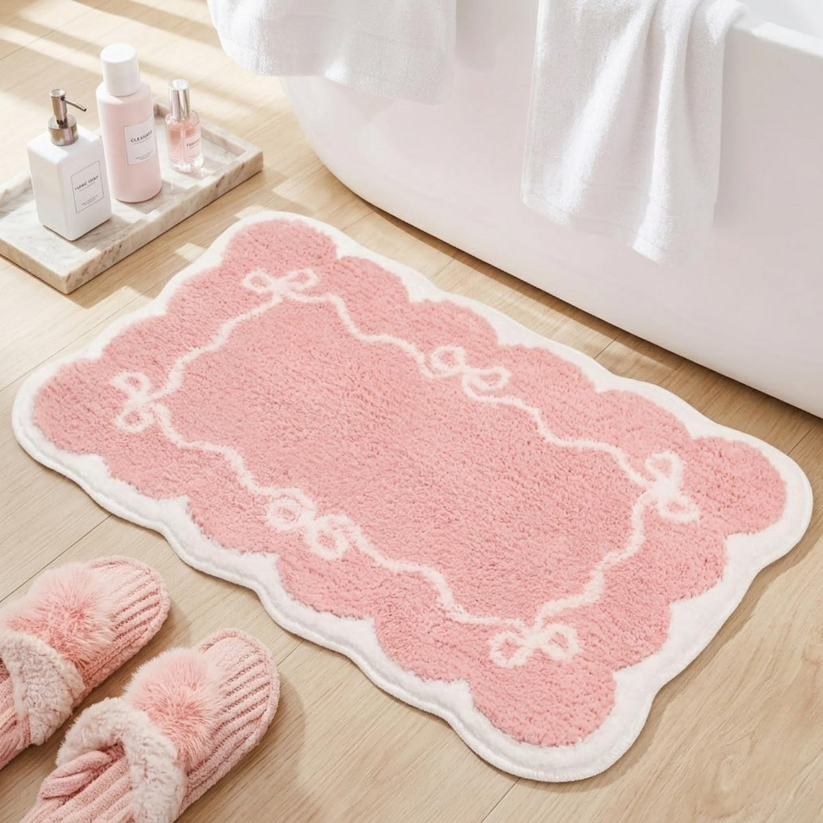 Pink Bathroom Rugs – Scalloped Bath Mat with Bow, Non-Slip & Washable Pink Bath Rug, Cute Bath Mat for Aesthetic Decor, Bow Bathroom Rug for Shower, Sink, and Tub (32x20 inch)