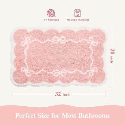Pink Bathroom Rugs – Scalloped Bath Mat with Bow, Non-Slip & Washable Pink Bath Rug, Cute Bath Mat for Aesthetic Decor, Bow Bathroom Rug for Shower, Sink, and Tub (32x20 inch)