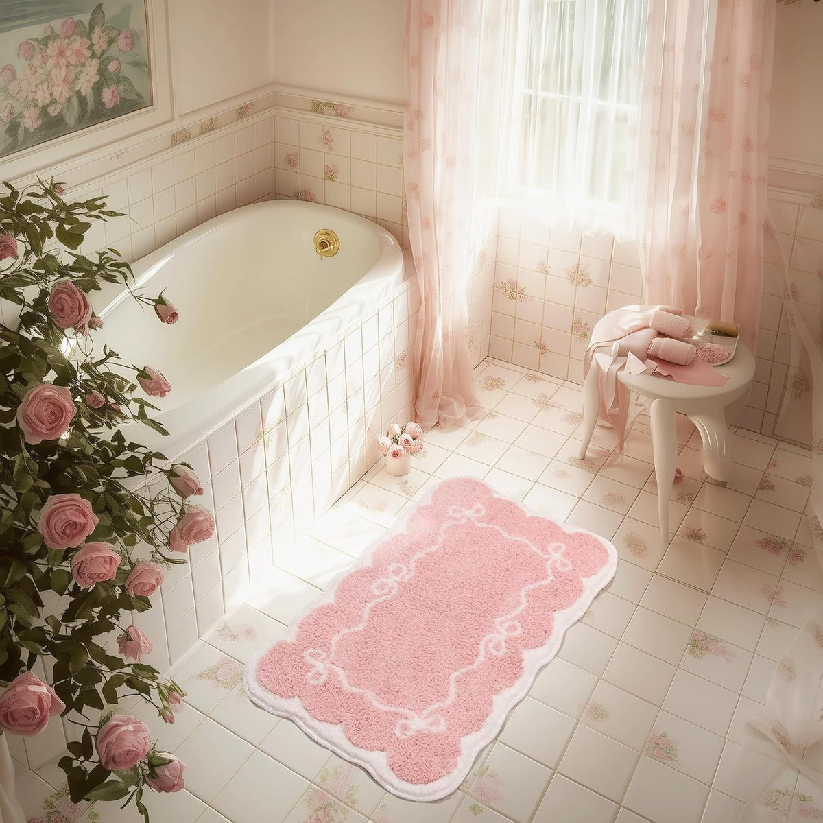 Pink Bathroom Rugs – Scalloped Bath Mat with Bow, Non-Slip & Washable Pink Bath Rug, Cute Bath Mat for Aesthetic Decor, Bow Bathroom Rug for Shower, Sink, and Tub (32x20 inch)