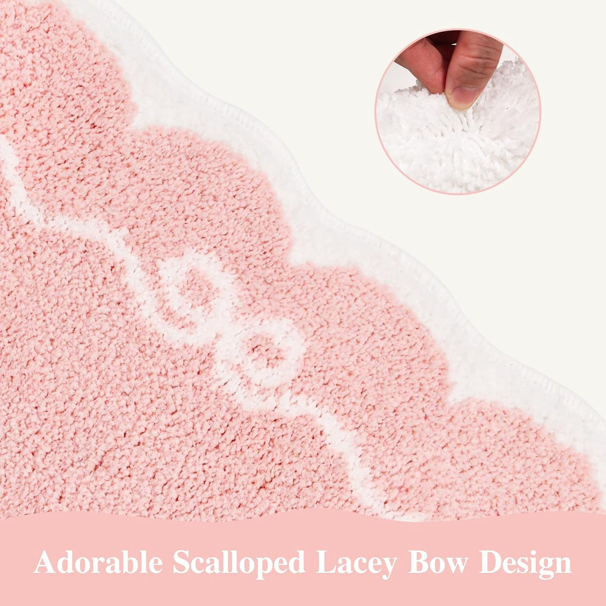 Pink Bathroom Rugs – Scalloped Bath Mat with Bow, Non-Slip & Washable Pink Bath Rug, Cute Bath Mat for Aesthetic Decor, Bow Bathroom Rug for Shower, Sink, and Tub (32x20 inch)