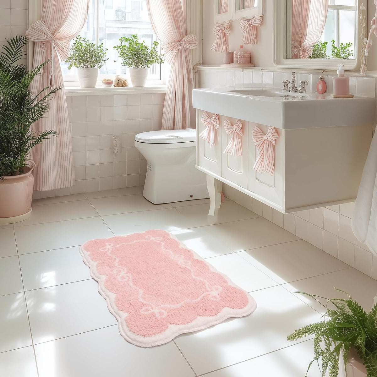 Pink Bathroom Rugs – Scalloped Bath Mat with Bow, Non-Slip & Washable Pink Bath Rug, Cute Bath Mat for Aesthetic Decor, Bow Bathroom Rug for Shower, Sink, and Tub (32x20 inch)