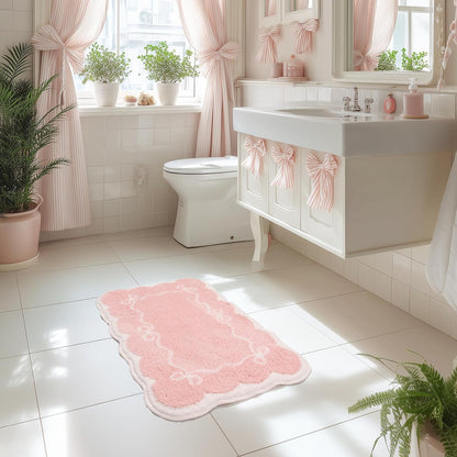 Pink Bathroom Rugs – Scalloped Bath Mat with Bow, Non-Slip & Washable Pink Bath Rug, Cute Bath Mat for Aesthetic Decor, Bow Bathroom Rug for Shower, Sink, and Tub (32x20 inch)