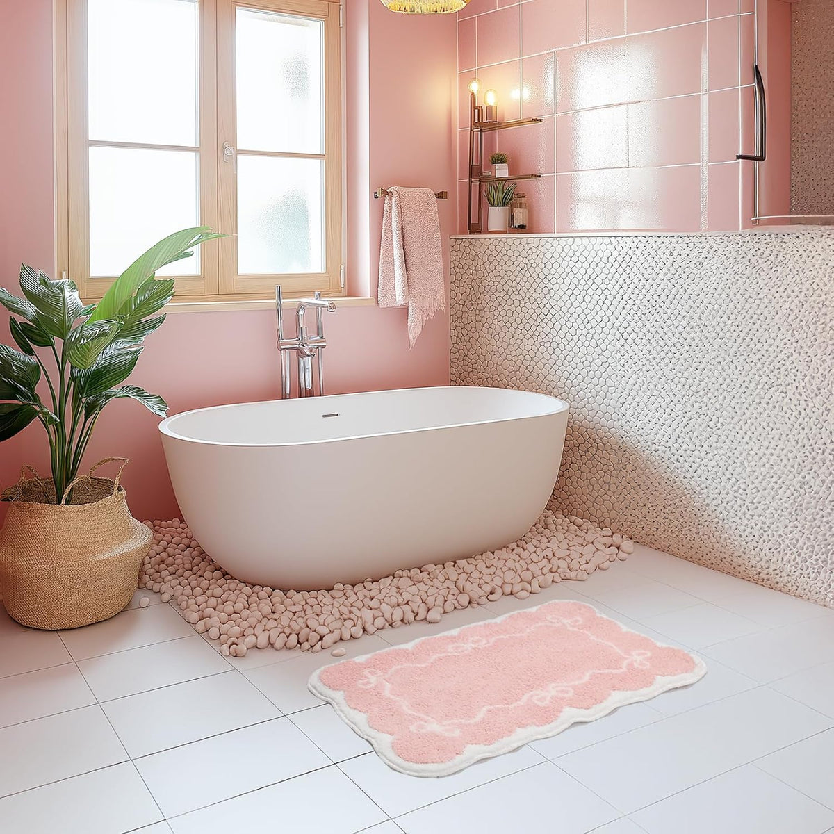 Pink Bathroom Rugs – Scalloped Bath Mat with Bow, Non-Slip & Washable Pink Bath Rug, Cute Bath Mat for Aesthetic Decor, Bow Bathroom Rug for Shower, Sink, and Tub (32x20 inch)