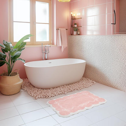 Pink Bathroom Rugs – Scalloped Bath Mat with Bow, Non-Slip & Washable Pink Bath Rug, Cute Bath Mat for Aesthetic Decor, Bow Bathroom Rug for Shower, Sink, and Tub (32x20 inch)