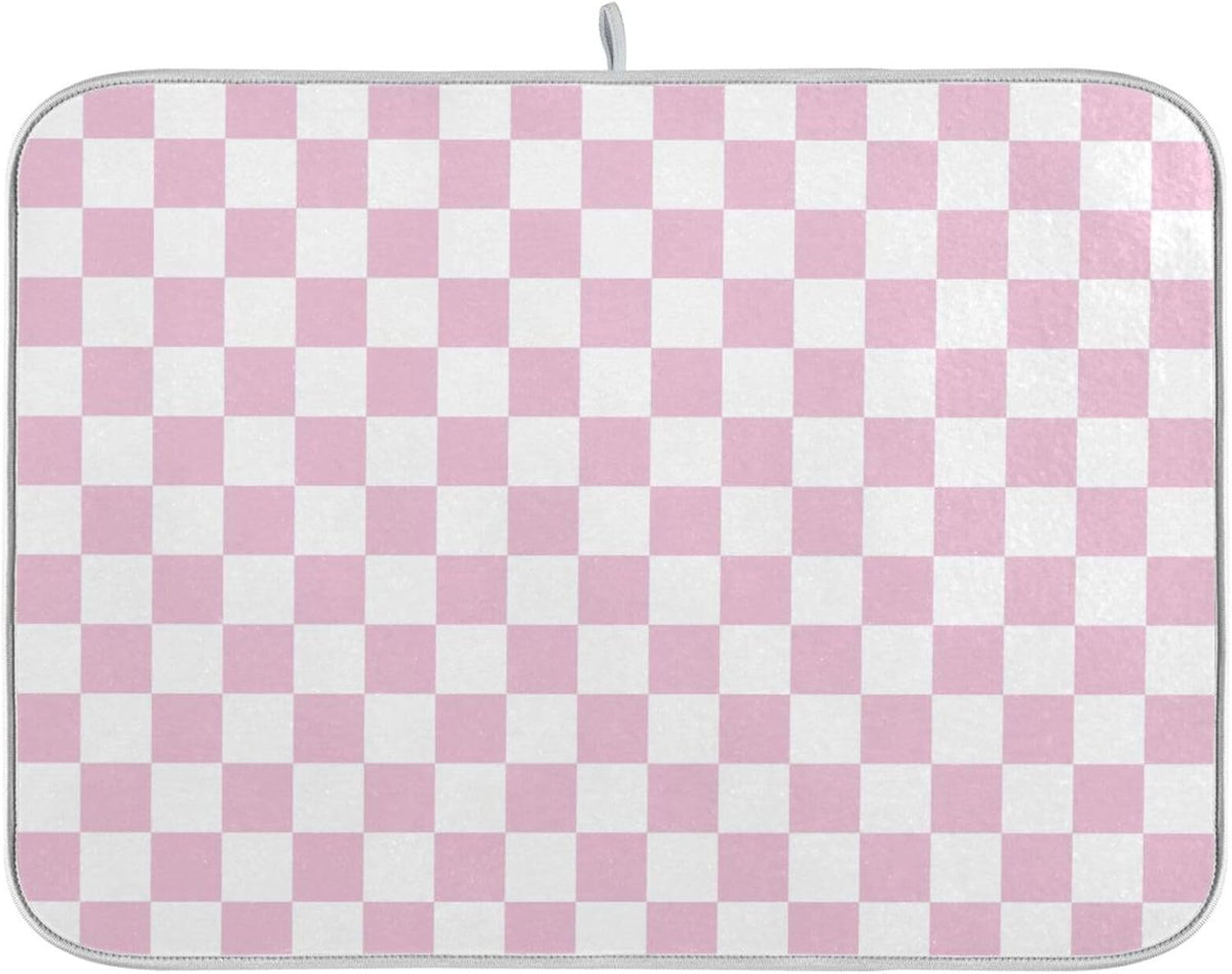 Light Pink White Checkered Dish Drying Mat for Kitchen Counter Absorbent Reversible Microfiber Drying Pad Countertop Drainer Mats, Small 16 x 18 inch