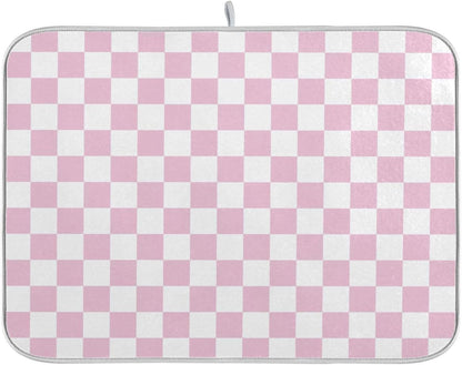 Light Pink White Checkered Dish Drying Mat for Kitchen Counter Absorbent Reversible Microfiber Drying Pad Countertop Drainer Mats, Small 16 x 18 inch