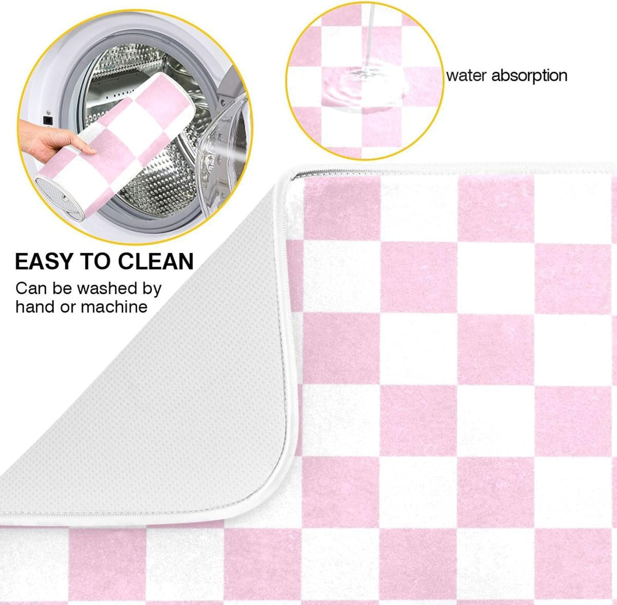 Light Pink White Checkered Dish Drying Mat for Kitchen Counter Absorbent Reversible Microfiber Drying Pad Countertop Drainer Mats, Small 16 x 18 inch