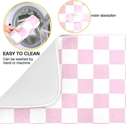 Light Pink White Checkered Dish Drying Mat for Kitchen Counter Absorbent Reversible Microfiber Drying Pad Countertop Drainer Mats, Small 16 x 18 inch