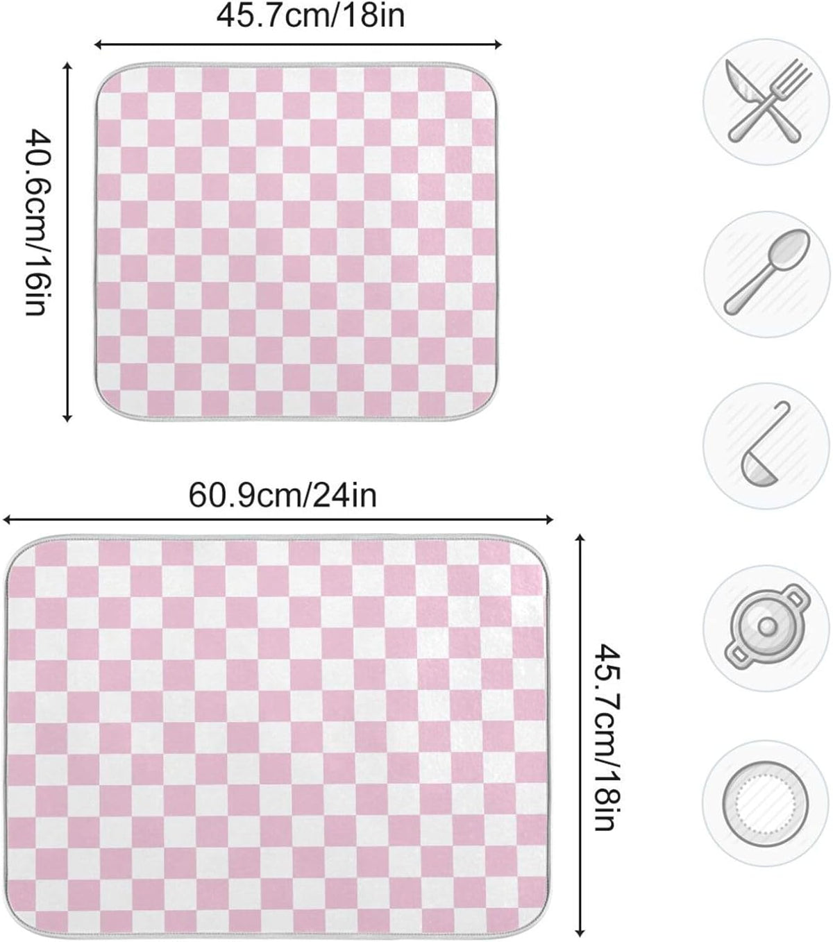 Light Pink White Checkered Dish Drying Mat for Kitchen Counter Absorbent Reversible Microfiber Drying Pad Countertop Drainer Mats, Small 16 x 18 inch