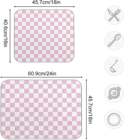 Light Pink White Checkered Dish Drying Mat for Kitchen Counter Absorbent Reversible Microfiber Drying Pad Countertop Drainer Mats, Small 16 x 18 inch