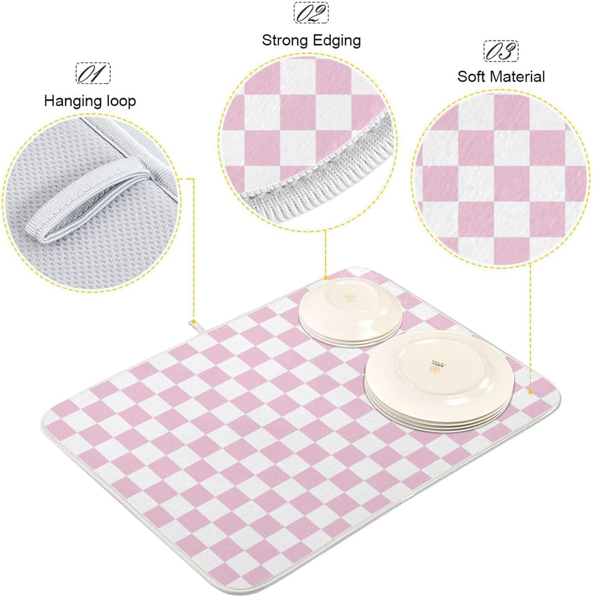 Light Pink White Checkered Dish Drying Mat for Kitchen Counter Absorbent Reversible Microfiber Drying Pad Countertop Drainer Mats, Small 16 x 18 inch