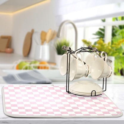 Light Pink White Checkered Dish Drying Mat for Kitchen Counter Absorbent Reversible Microfiber Drying Pad Countertop Drainer Mats, Small 16 x 18 inch