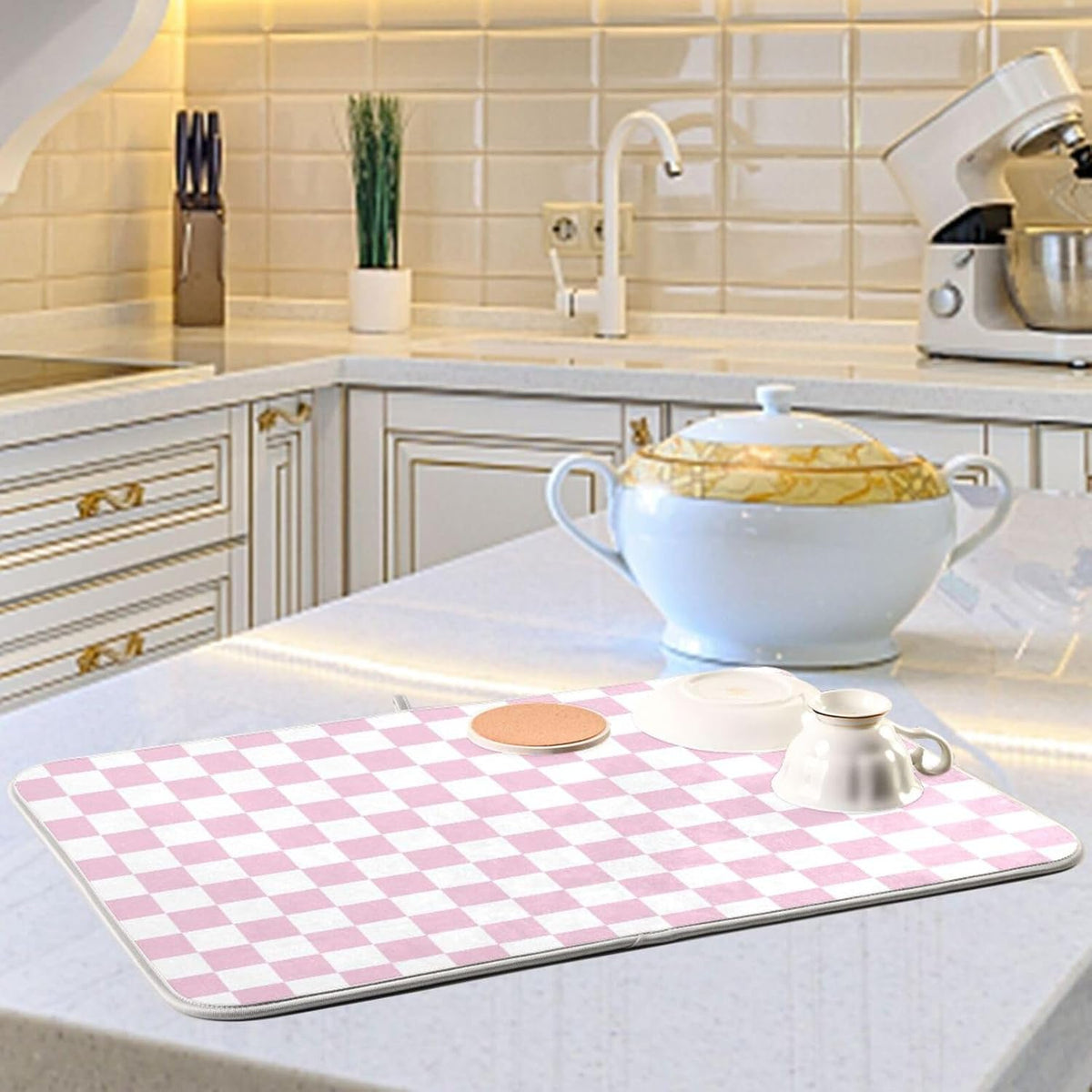 Light Pink White Checkered Dish Drying Mat for Kitchen Counter Absorbent Reversible Microfiber Drying Pad Countertop Drainer Mats, Small 16 x 18 inch