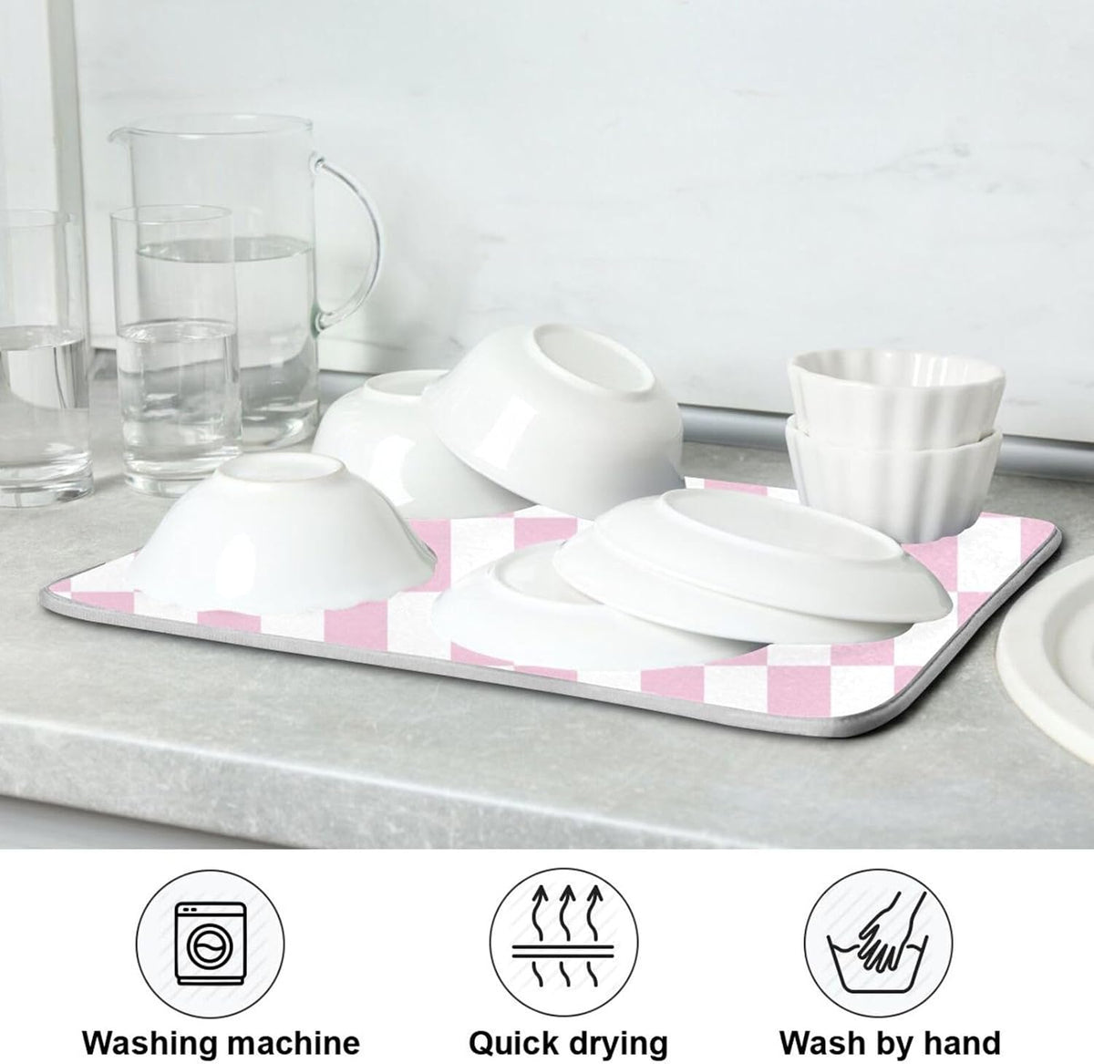 Light Pink White Checkered Dish Drying Mat for Kitchen Counter Absorbent Reversible Microfiber Drying Pad Countertop Drainer Mats, Small 16 x 18 inch