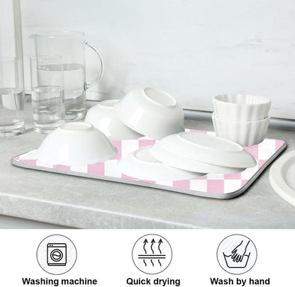 Light Pink White Checkered Dish Drying Mat for Kitchen Counter Absorbent Reversible Microfiber Drying Pad Countertop Drainer Mats, Small 16 x 18 inch