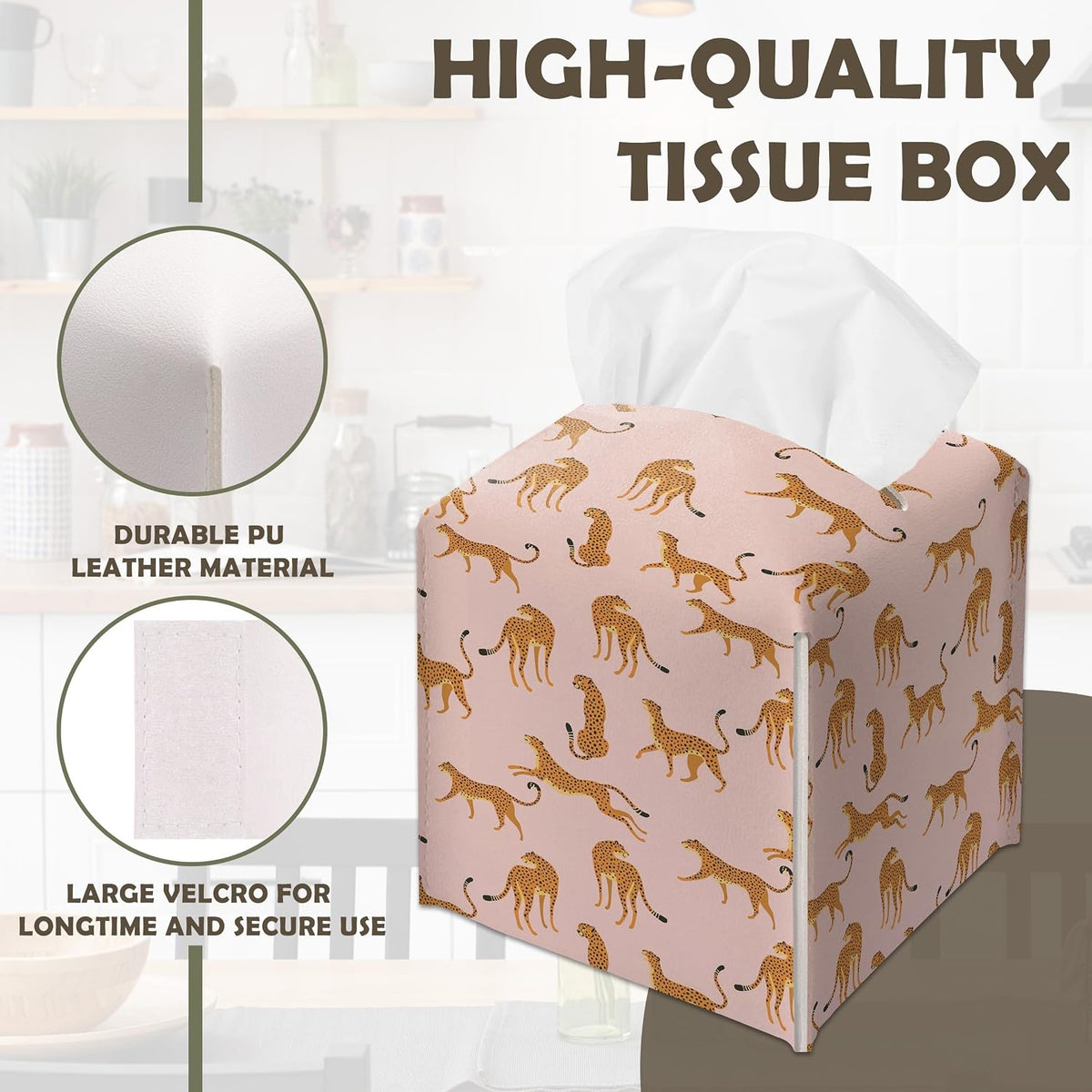 Pink Cheetah Decorative Square Leather Tissue Box Cover - Tissue Holder Gifts for Women Family and Friends Funny Unique for Home Decor Decorative for Kids Room Kitchen Bathroom Office - A28