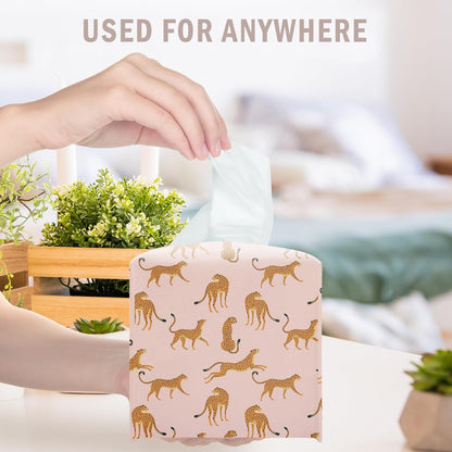 Pink Cheetah Decorative Square Leather Tissue Box Cover - Tissue Holder Gifts for Women Family and Friends Funny Unique for Home Decor Decorative for Kids Room Kitchen Bathroom Office - A28