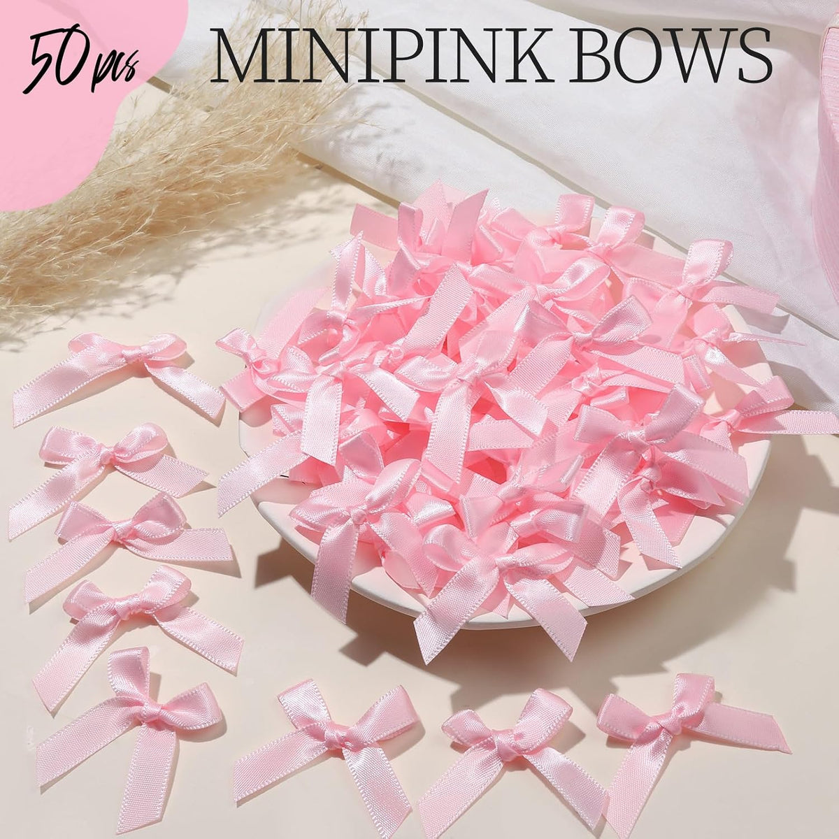 Mini Pink Bows - 50 PCS, Satin Fabric Ribbons for Crafts, Tiny Bows for Wedding Party Favors, Gift Box Decorations