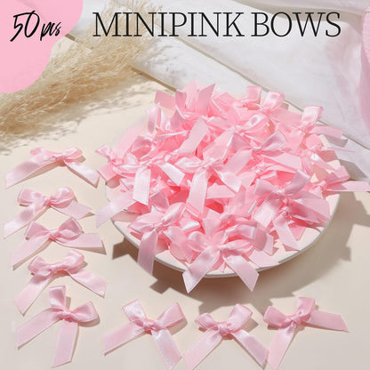 Mini Pink Bows - 50 PCS, Satin Fabric Ribbons for Crafts, Tiny Bows for Wedding Party Favors, Gift Box Decorations