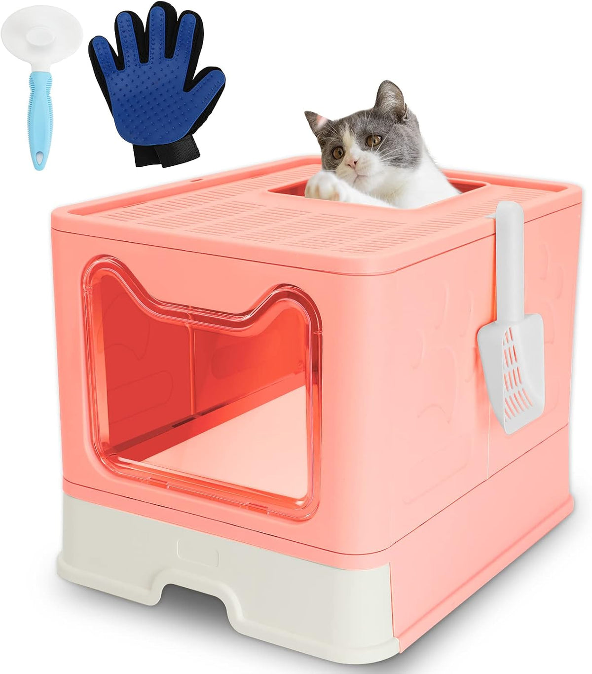 Foldable Pink Cat Litterbox with Lid, Top Entry Litter Box, 20" x 16" x 15"