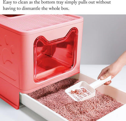 Foldable Pink Cat Litterbox with Lid, Top Entry Litter Box, 20" x 16" x 15"