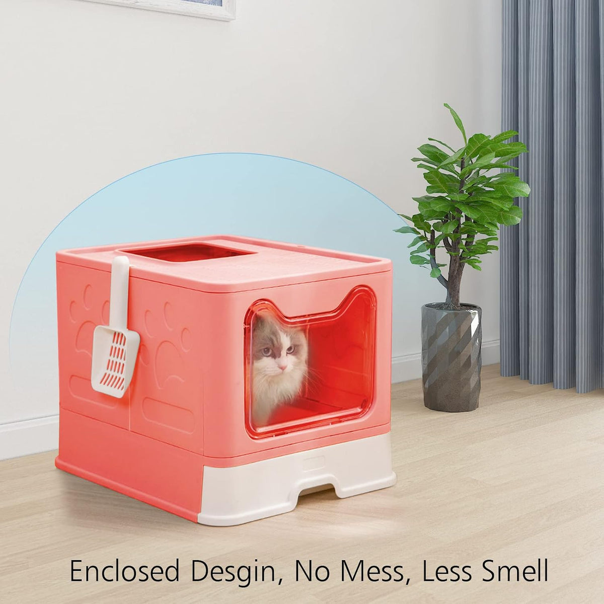 Foldable Pink Cat Litterbox with Lid, Top Entry Litter Box, 20" x 16" x 15"
