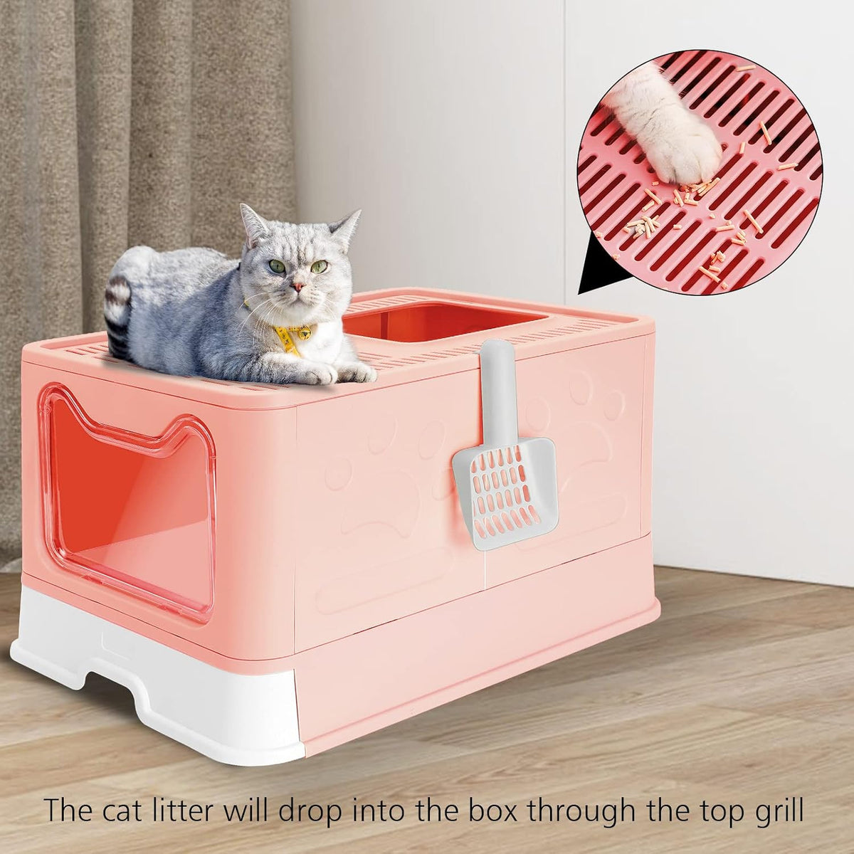 Foldable Pink Cat Litterbox with Lid, Top Entry Litter Box, 20" x 16" x 15"