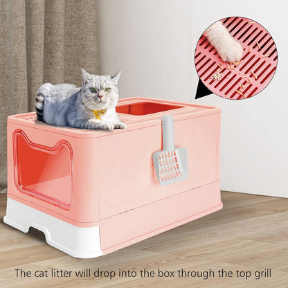 Foldable Pink Cat Litterbox with Lid, Top Entry Litter Box, 20" x 16" x 15"