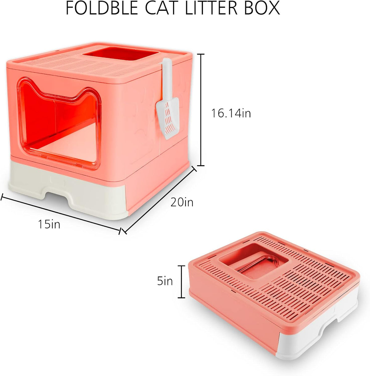 Foldable Pink Cat Litterbox with Lid, Top Entry Litter Box, 20" x 16" x 15"