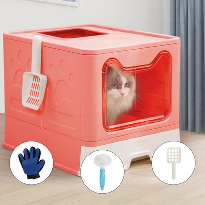 Foldable Pink Cat Litterbox with Lid, Top Entry Litter Box, 20" x 16" x 15"