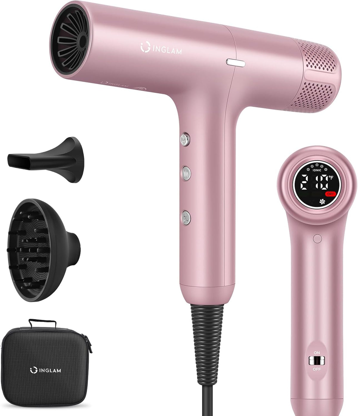 Hair Dryer, IG 110, 000 RPM High-Speed Blow Dryer with LED Display, 1300W Low Noise Negative Ionic Hairdryer, 3 Temps & 3 Speeds Cool Switch & Memory Function, Lightweight, Rose Pink
