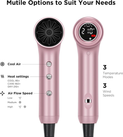 Hair Dryer, IG 110, 000 RPM High-Speed Blow Dryer with LED Display, 1300W Low Noise Negative Ionic Hairdryer, 3 Temps & 3 Speeds Cool Switch & Memory Function, Lightweight, Rose Pink