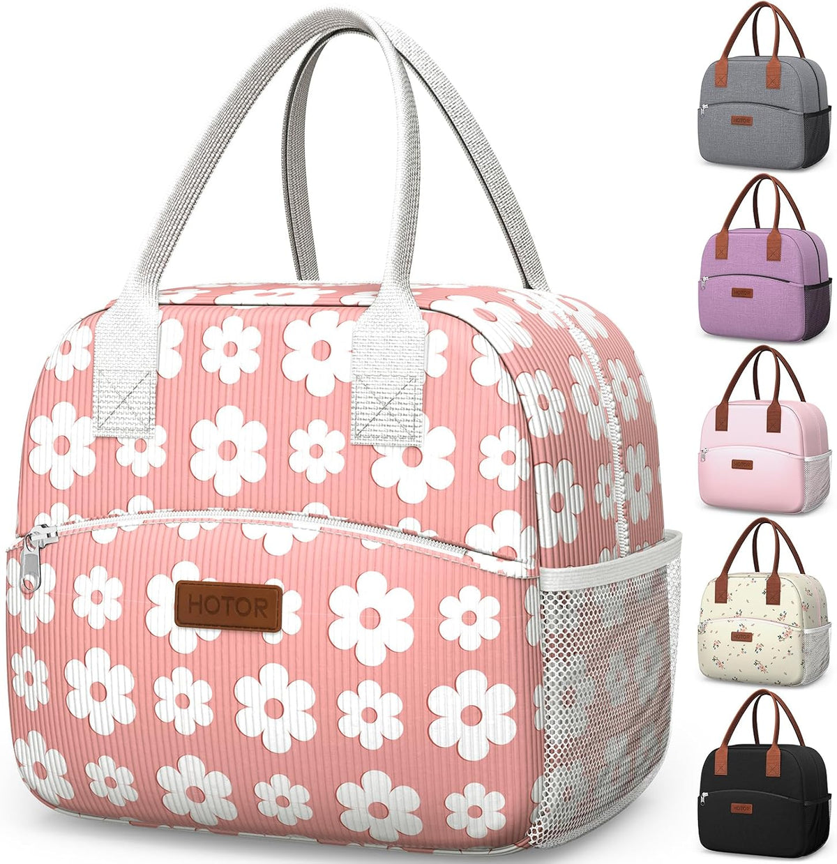 Lunch Bag Women Men Insulated Lunch Box Pink White Daisy 10L