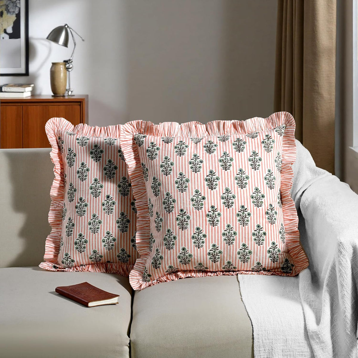 Salmon Blossom Floral Block Print Throw Pillow Covers 18x18 Inch