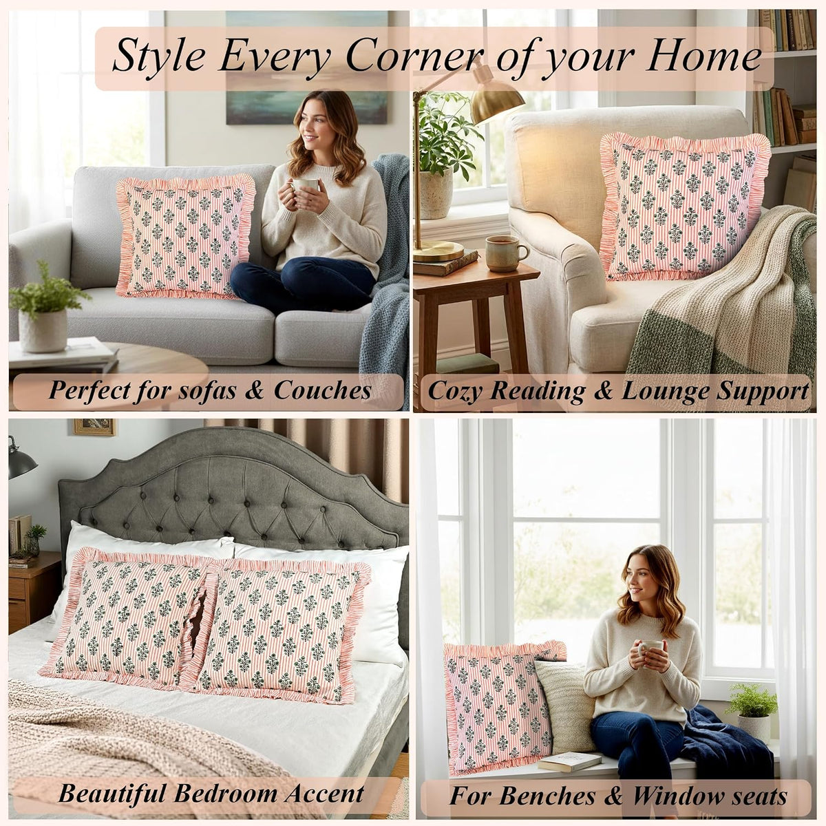 Salmon Blossom Floral Block Print Throw Pillow Covers 18x18 Inch