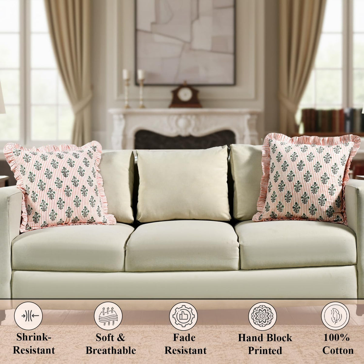 Salmon Blossom Floral Block Print Throw Pillow Covers 18x18 Inch