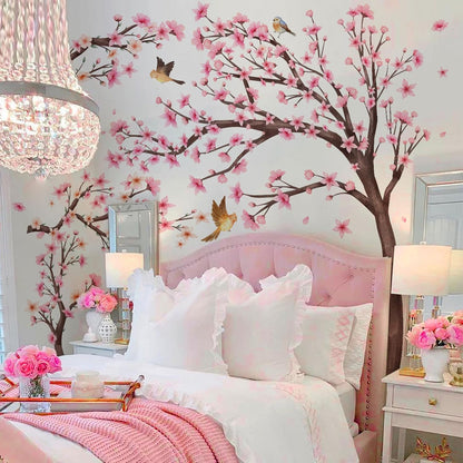 Large Cherry Blossom Tree Wall Stickers Pink Flower Tree Wall Decals for Girls Kids Bedroom Nursery Living Room TV Wall Decor