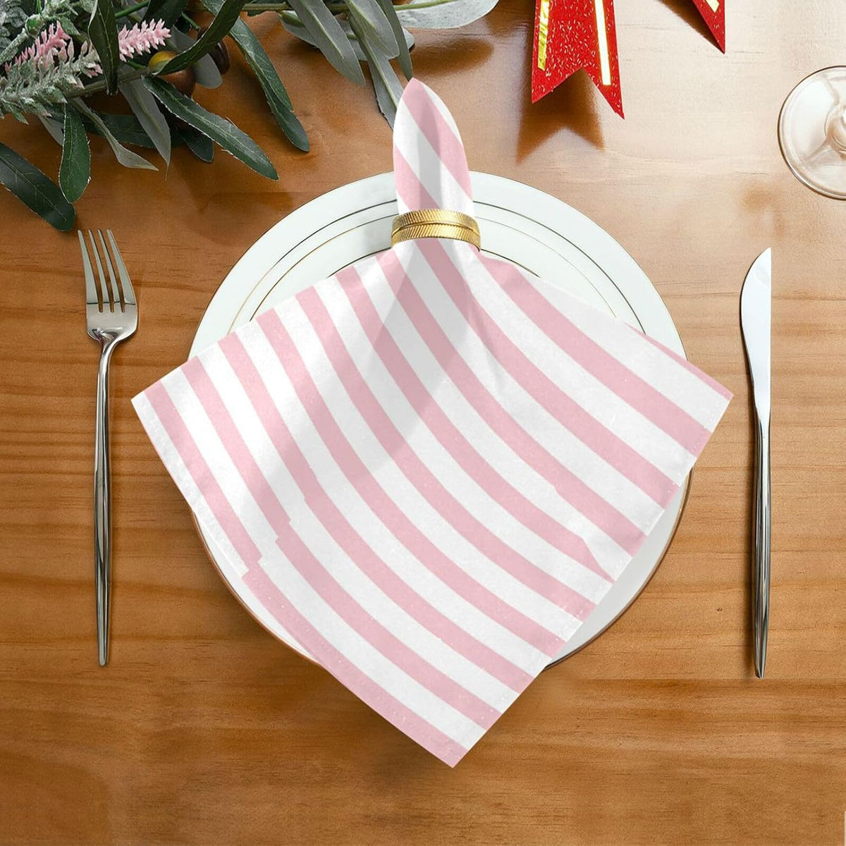 Pink Stripes Cloth Napkins Set of 6, Reusable Washable Oversized Table Napkins for Family Wedding Dinner Party Home Decor, 20 Inch