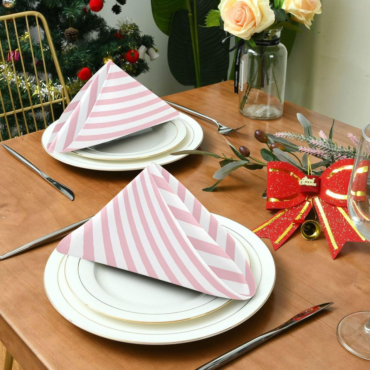 Pink Stripes Cloth Napkins Set of 6, Reusable Washable Oversized Table Napkins for Family Wedding Dinner Party Home Decor, 20 Inch