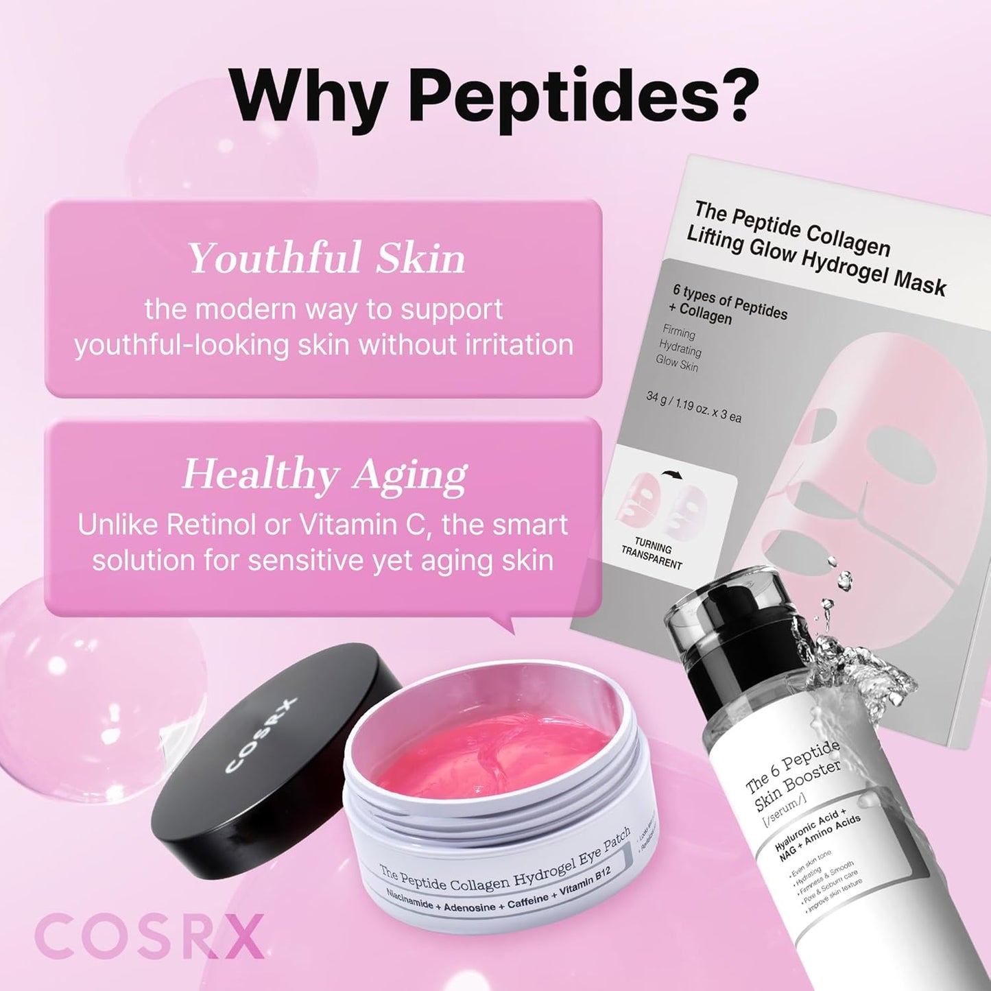 Pink Peptides Collagen Hydrogel Eye Patch for Puffy Eyes, Cooling & Firming Under Eye Patches with 4-Peptide & Caffeine (60), Depuffing Gel Eye Mask, Korean Skin Care