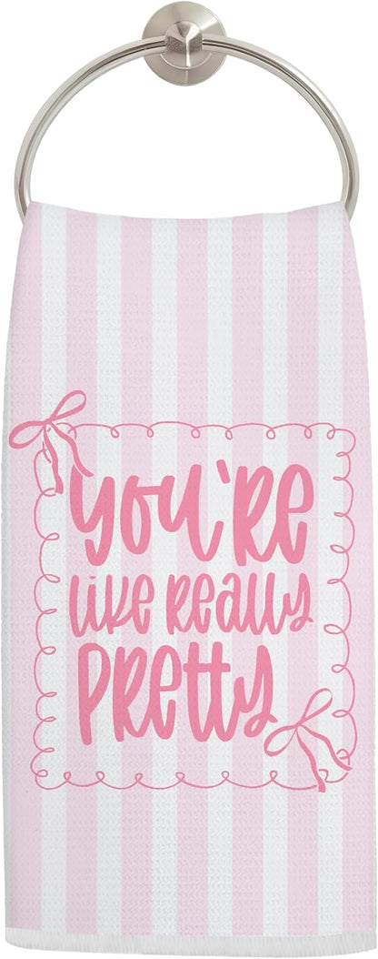 Pink Coquette Bow Kitchen Towels, Preppy Pink Stripes Hand Towels for Bathroom Decor, You're Like Really Pretty Dish Tea Towels for Kitchen, Preppy Girly Bathroom Decor, 16x24 Inch