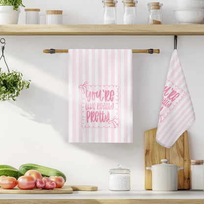 Pink Coquette Bow Kitchen Towels, Preppy Pink Stripes Hand Towels for Bathroom Decor, You're Like Really Pretty Dish Tea Towels for Kitchen, Preppy Girly Bathroom Decor, 16x24 Inch