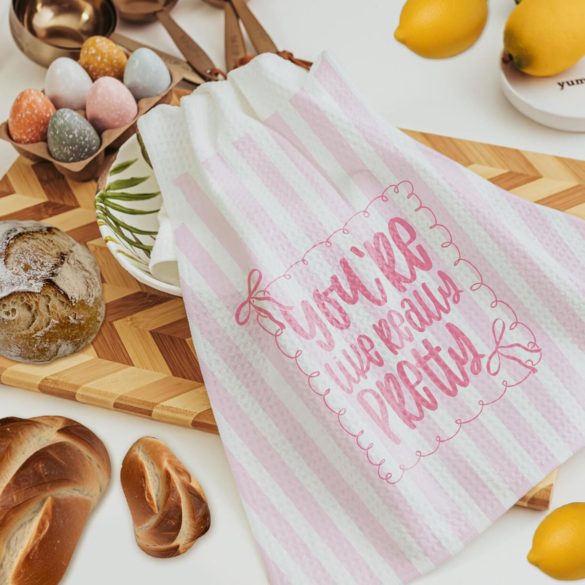 Pink Coquette Bow Kitchen Towels, Preppy Pink Stripes Hand Towels for Bathroom Decor, You're Like Really Pretty Dish Tea Towels for Kitchen, Preppy Girly Bathroom Decor, 16x24 Inch