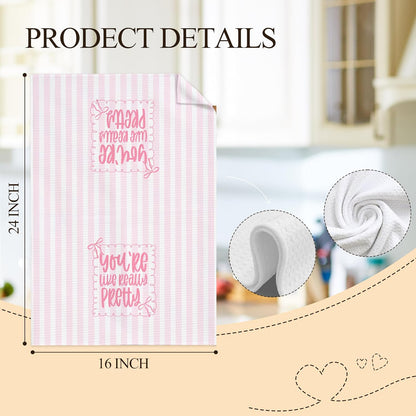 Pink Coquette Bow Kitchen Towels, Preppy Pink Stripes Hand Towels for Bathroom Decor, You're Like Really Pretty Dish Tea Towels for Kitchen, Preppy Girly Bathroom Decor, 16x24 Inch