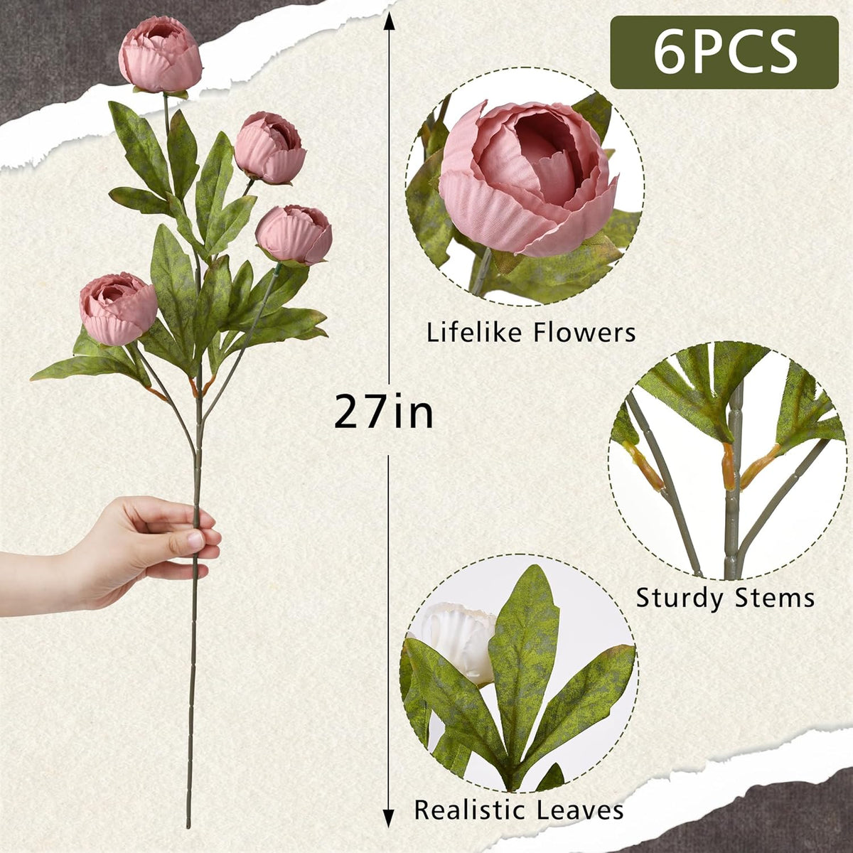 6 Pcs 27" Faux Peonies Artificial Flowers for Vase, Pink Flowers