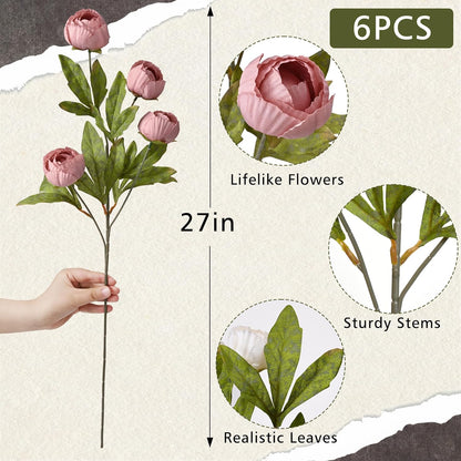 6 Pcs 27" Faux Peonies Artificial Flowers for Vase, Pink Flowers