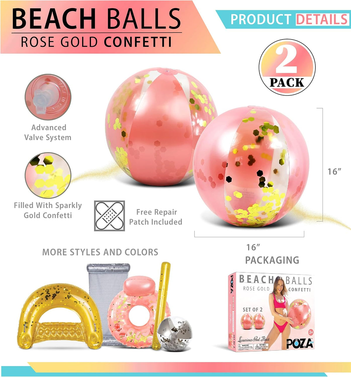 POZA Inflatable Beach Balls - Elegant Glitter Confetti Premium Floaters, Heavy Duty Vinyl Floatation Pool Toys for Pool Beach Party, UV Resistant Pool Décor