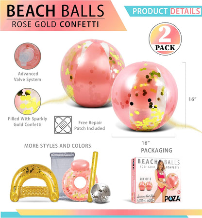 POZA Inflatable Beach Balls - Elegant Glitter Confetti Premium Floaters, Heavy Duty Vinyl Floatation Pool Toys for Pool Beach Party, UV Resistant Pool Décor