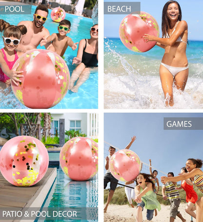 POZA Inflatable Beach Balls - Elegant Glitter Confetti Premium Floaters, Heavy Duty Vinyl Floatation Pool Toys for Pool Beach Party, UV Resistant Pool Décor